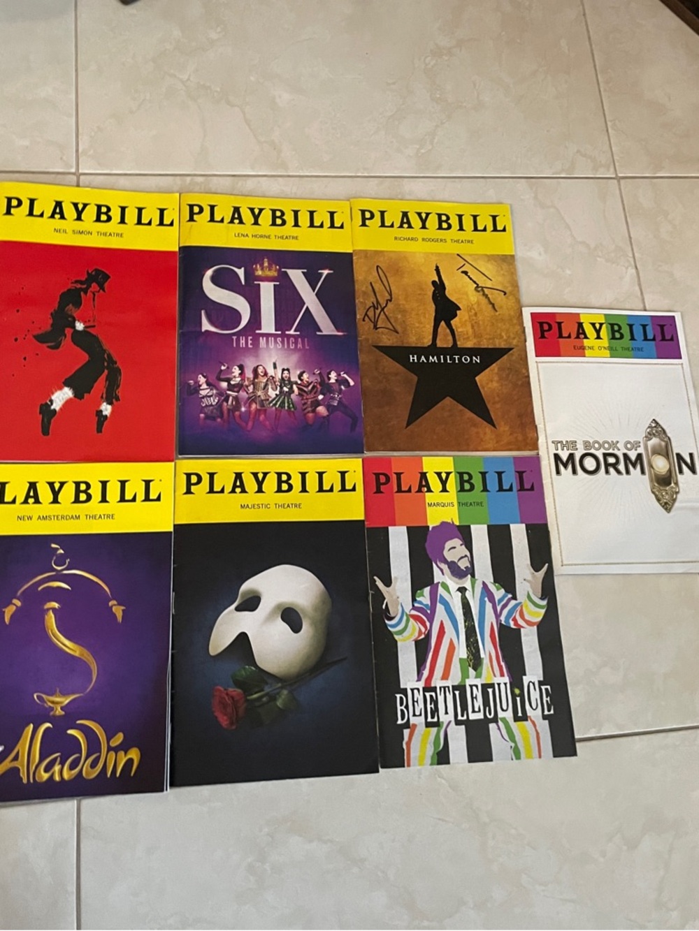 Set of 8 Broadway Playbills - Aladdin, Hamilton, SIX, Book of Mormon & More
